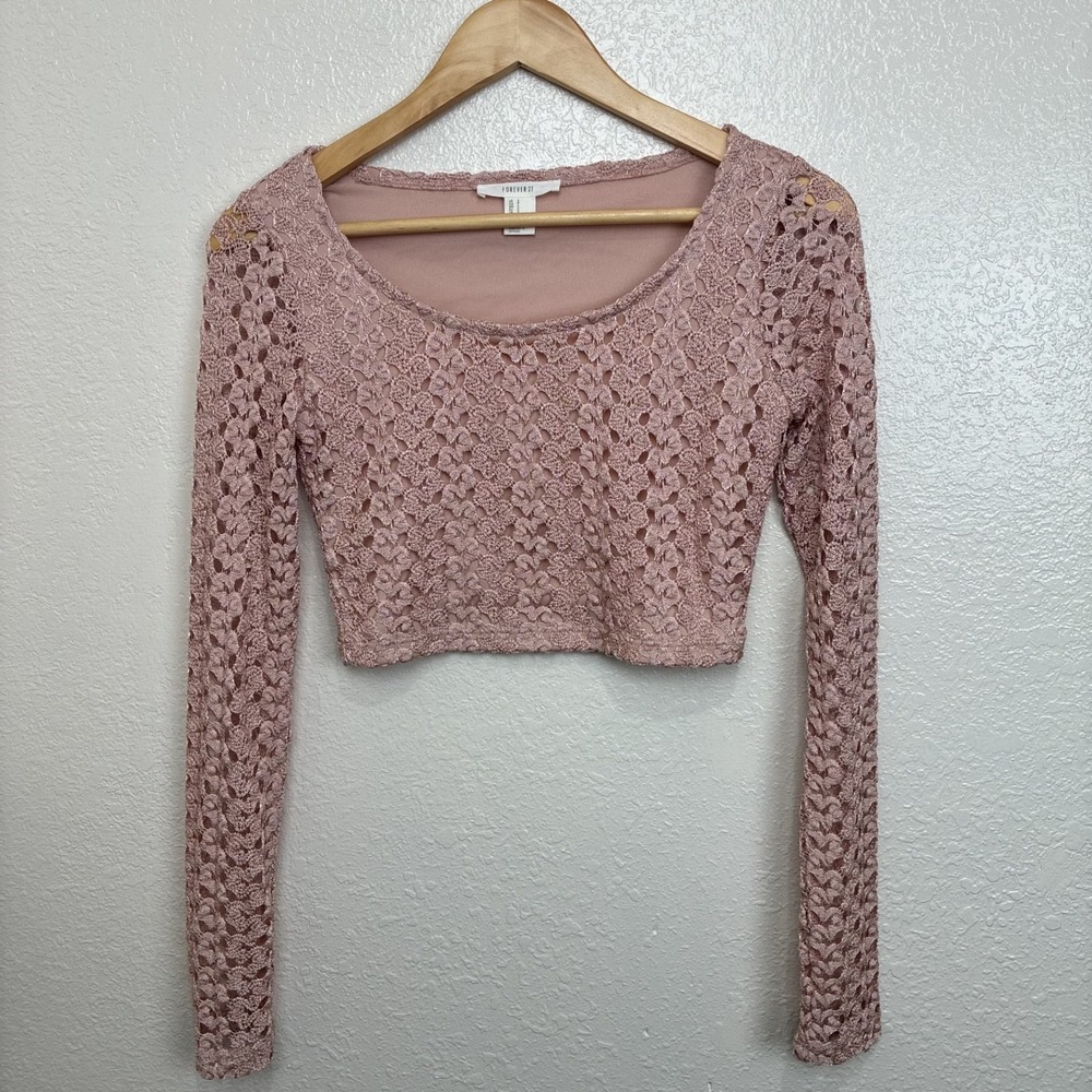 Forever 21 Lace Long Sleeve‎ Crop Top Y2K Lined Bodice Sheer Sleeve Fitted Posh